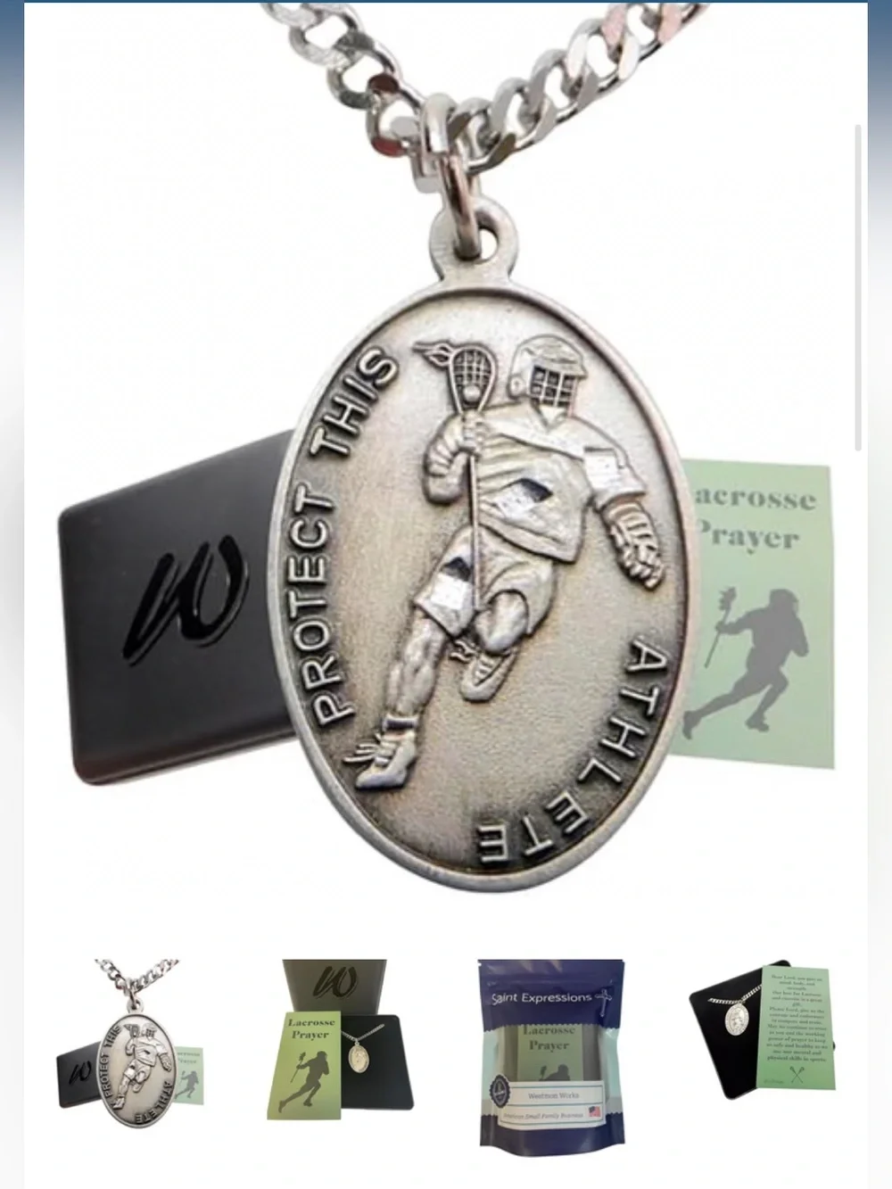 Westmon Works NEW Lacrosse Athlete St Sebastian Pewter medal Prayer Card lax 24”